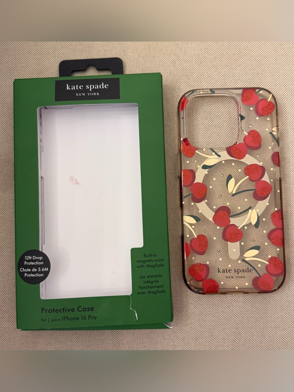 Kate Spade Clear Case with Red Cherry Print for iPhone 16 Pro